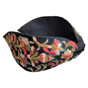 Floriated and Embroidered Wide Headband (Black Blossoms)