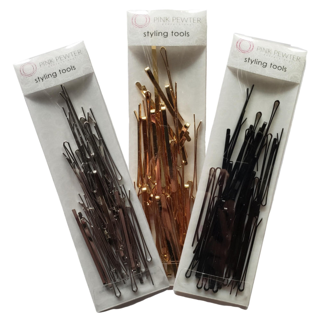 Professional Flat Metal Styling Bobby Pins in Storage Cases - 120pc Pack (Black/Silver/Gold)
