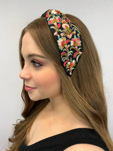 Floriated and Embroidered Wide Headband (Black Blossoms)