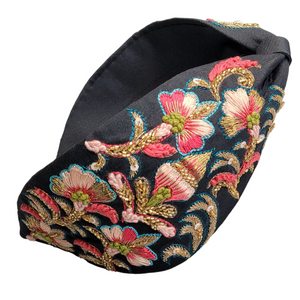 Floriated and Embroidered Wide Headband (Black Blossoms)