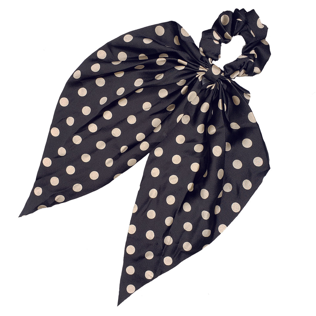 Sweet Sixteen Long Tail Silk Scrunchie (B/W Polka Dots)
